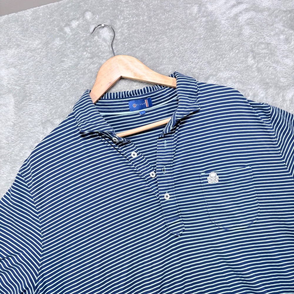 Stitch Golf Polo Shirt Men Large Blue Striped Giza Cotton Skull Logo Pocket